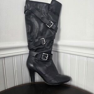 Vtg Nine West‎ Black Leather Motorcycle Biker TallBuckles Womens Goth Boots Sz 8